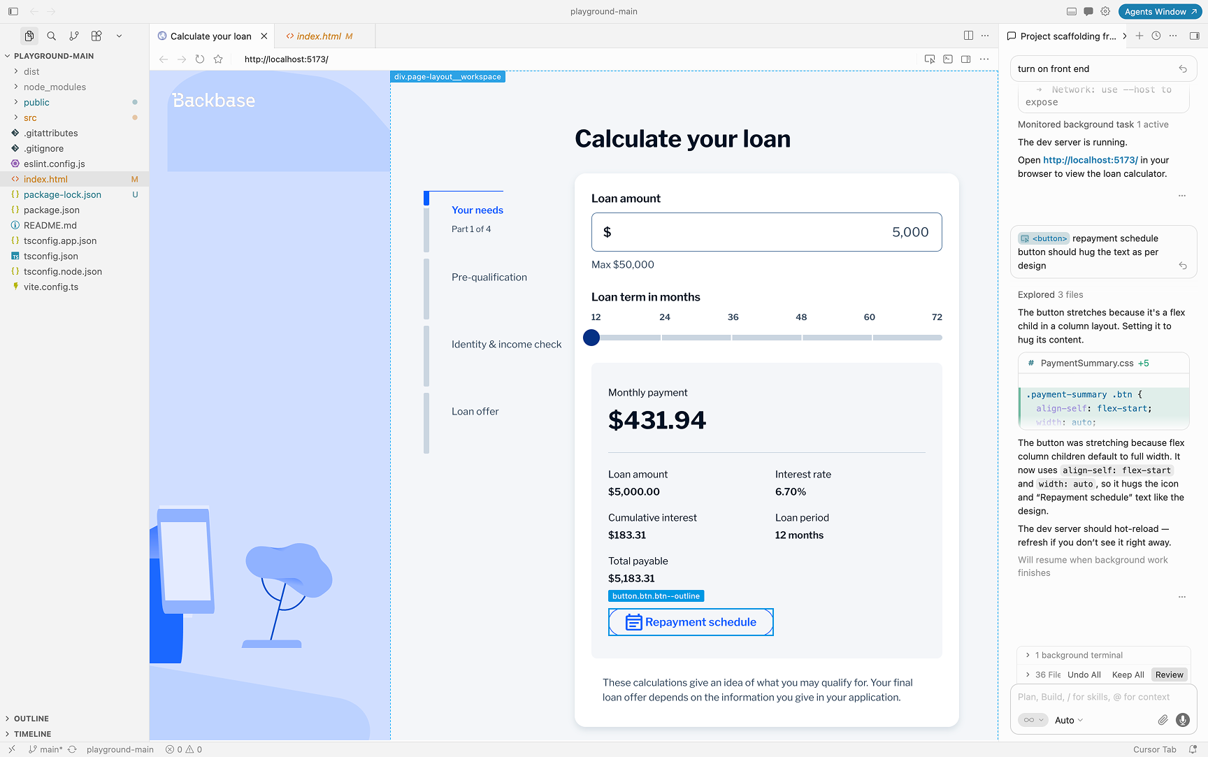 Working loan calculator prototype — amount and term inputs, monthly payment summary and repayment schedule in a multi-step journey