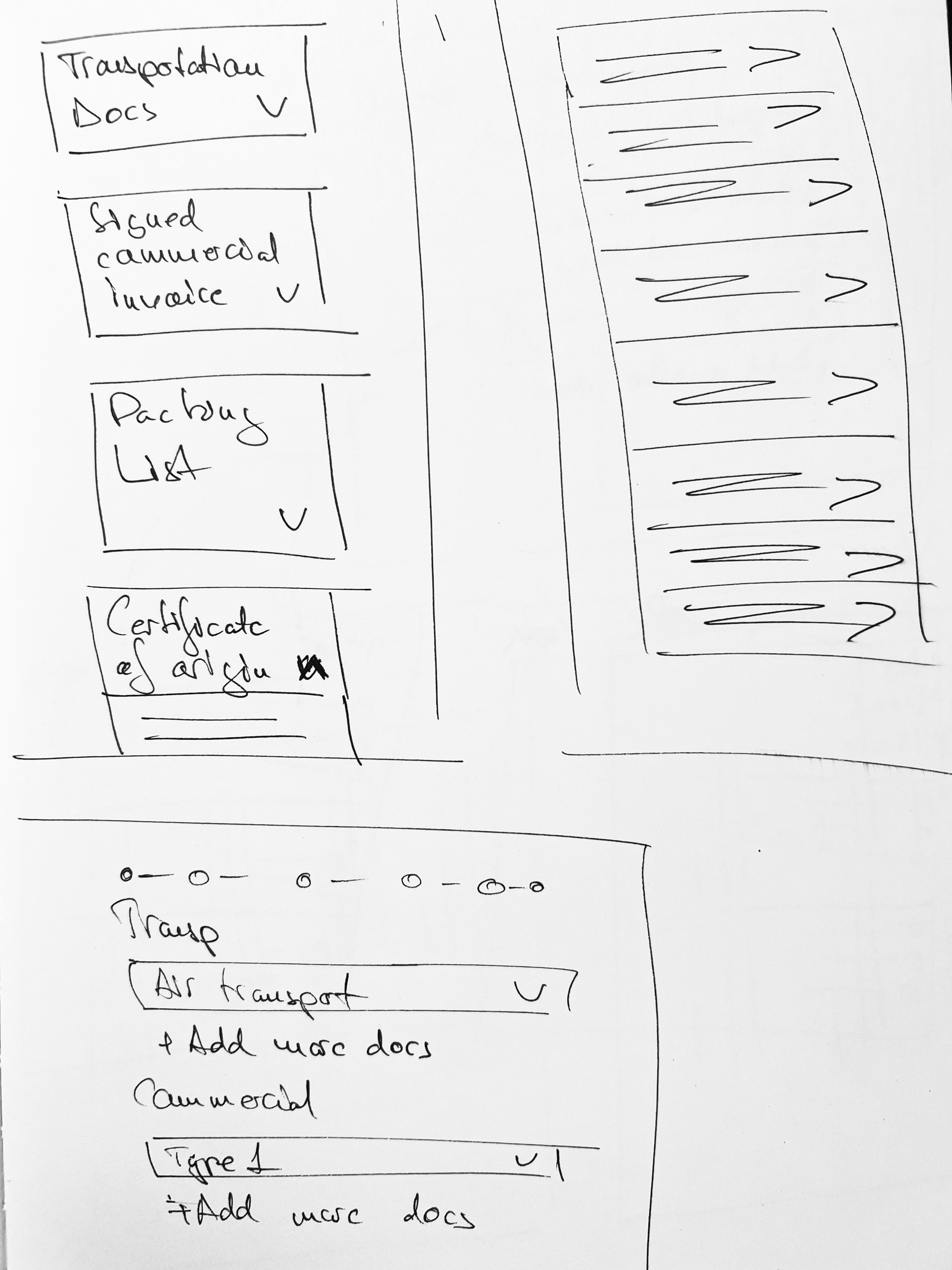 Sketches — transportation documents step with mode, add-document actions and commercial docs, plus detail views