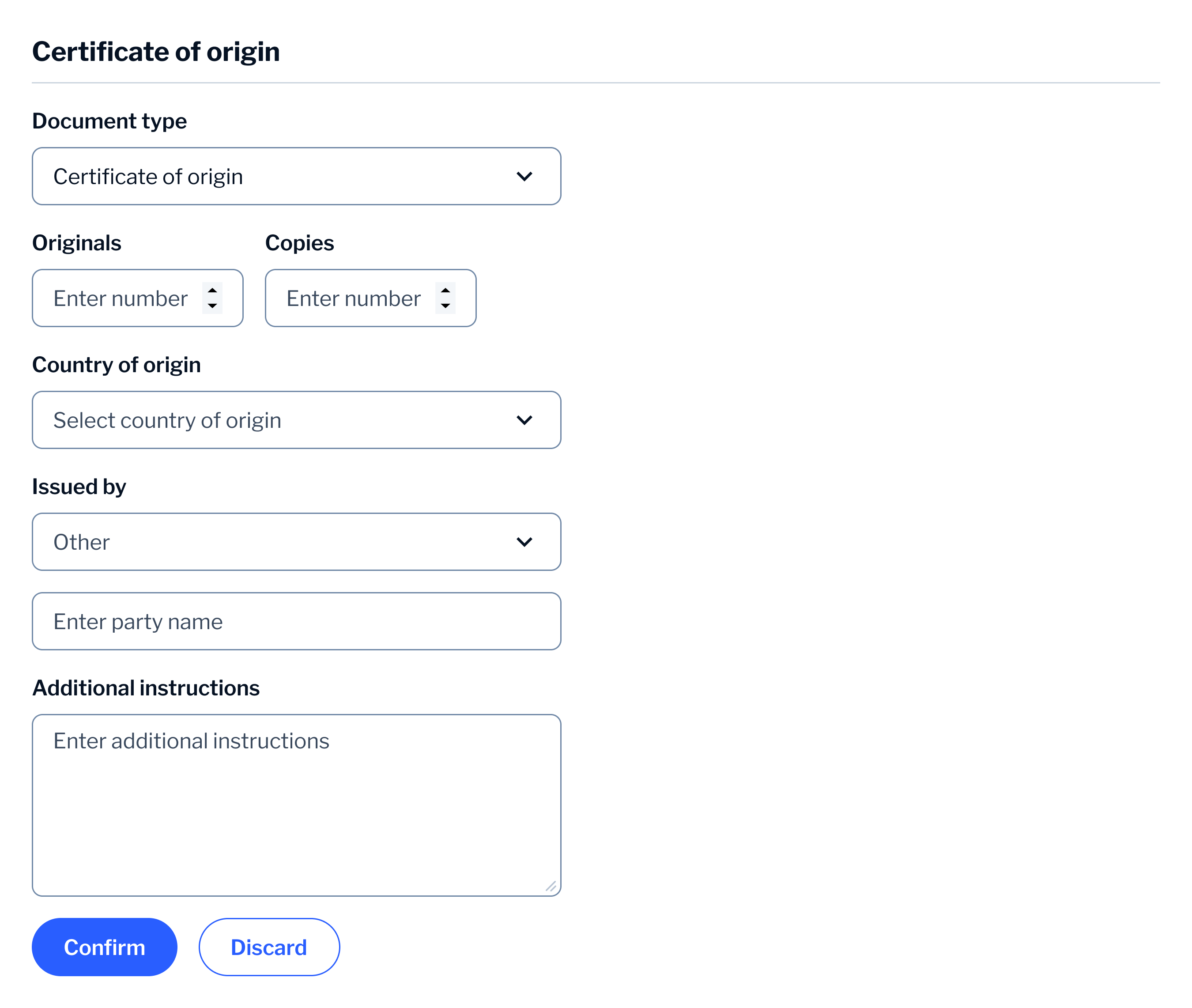 Certificate of origin — focused form for document type, originals and copies, country, issuer and instructions