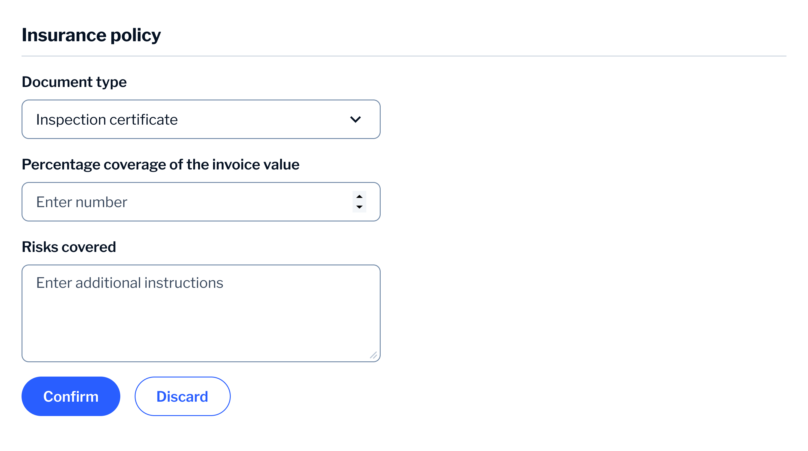 Insurance policy — focused form for document type, coverage percentage and risks covered