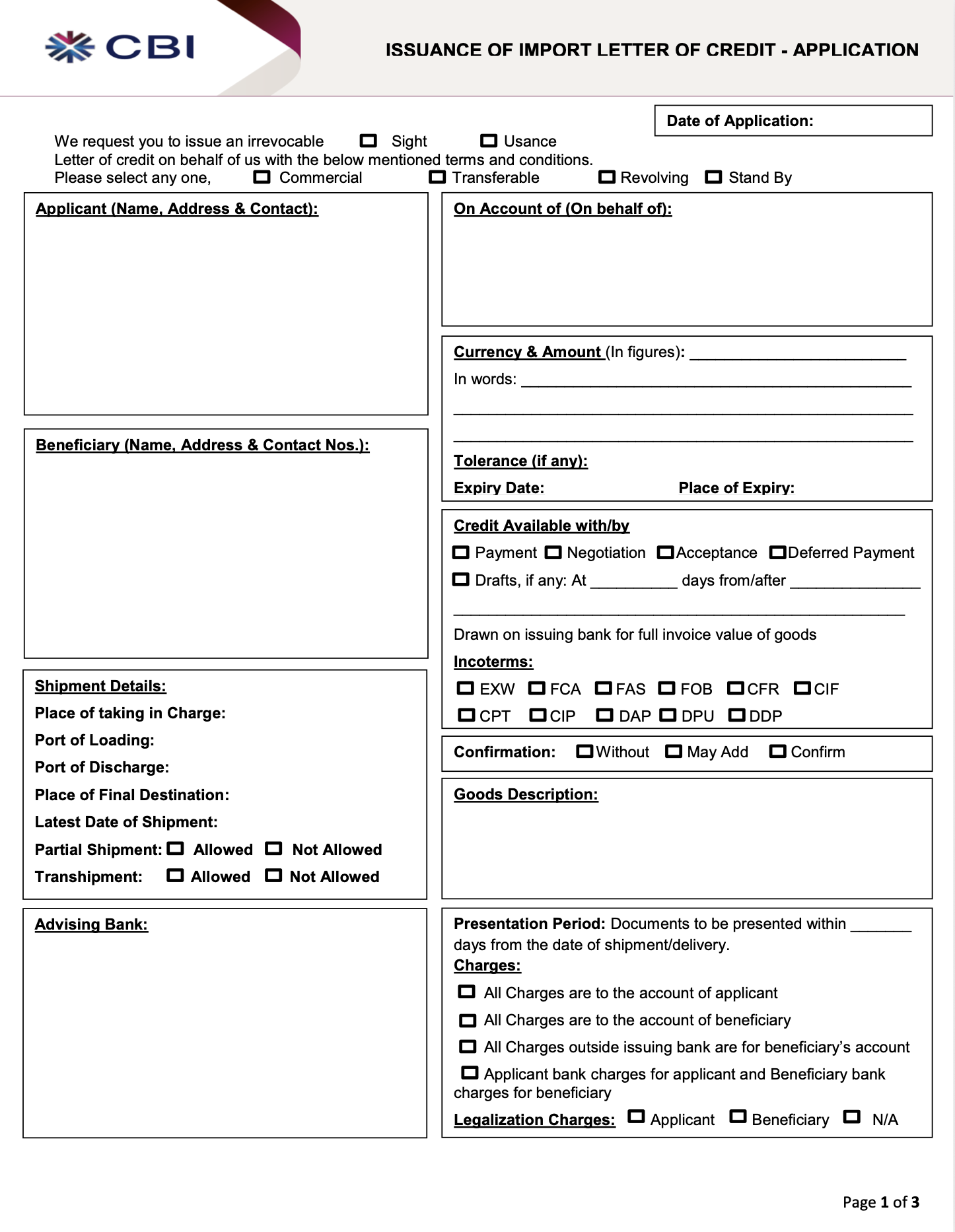 CBI — Issuance of Import Letter of Credit application, multi-page form with shipment and document fields