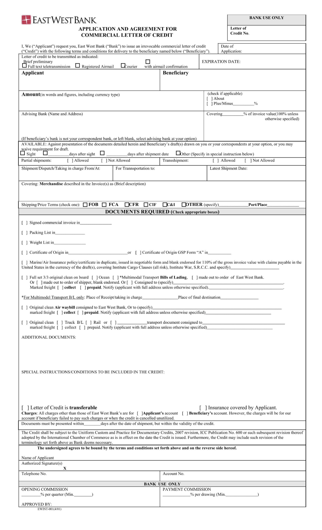 East West Bank — Application and Agreement for Commercial Letter of Credit, dense multi-section paper form