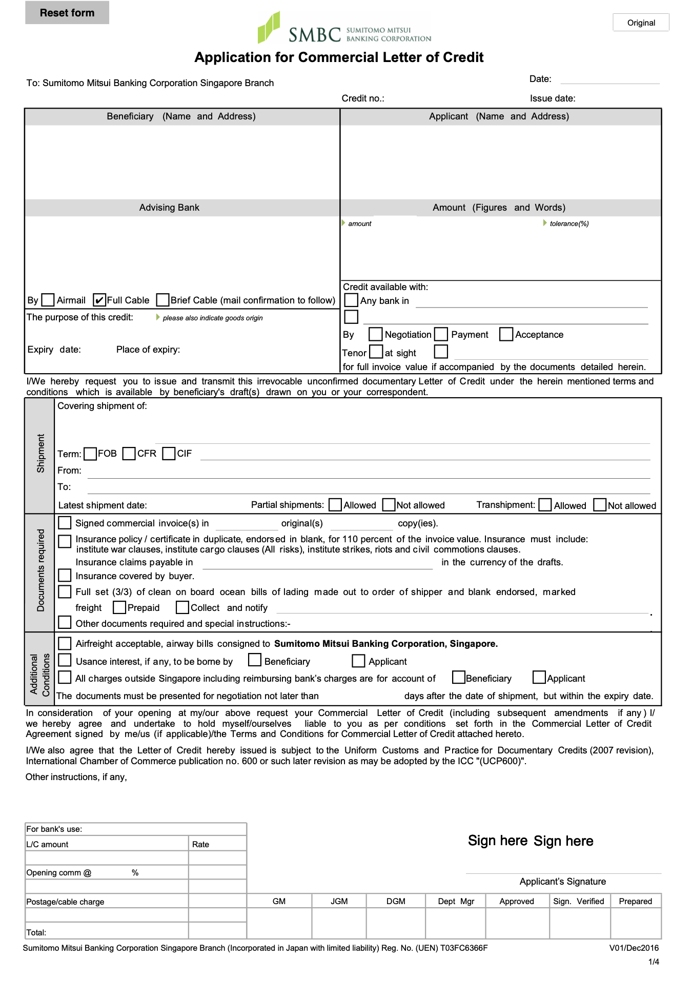 SMBC — Application for Commercial Letter of Credit, grid-based form with documents required checklist