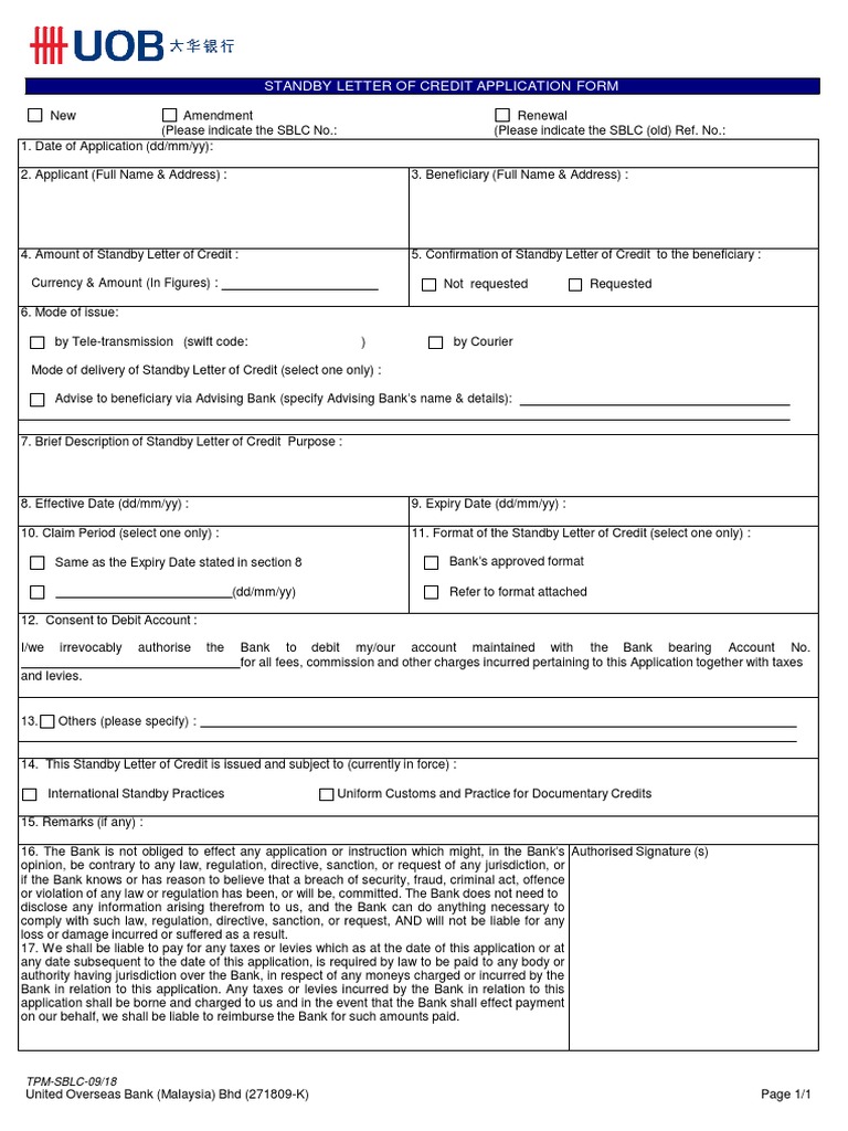UOB — Standby Letter of Credit application form, numbered sections with applicant, beneficiary and purpose fields