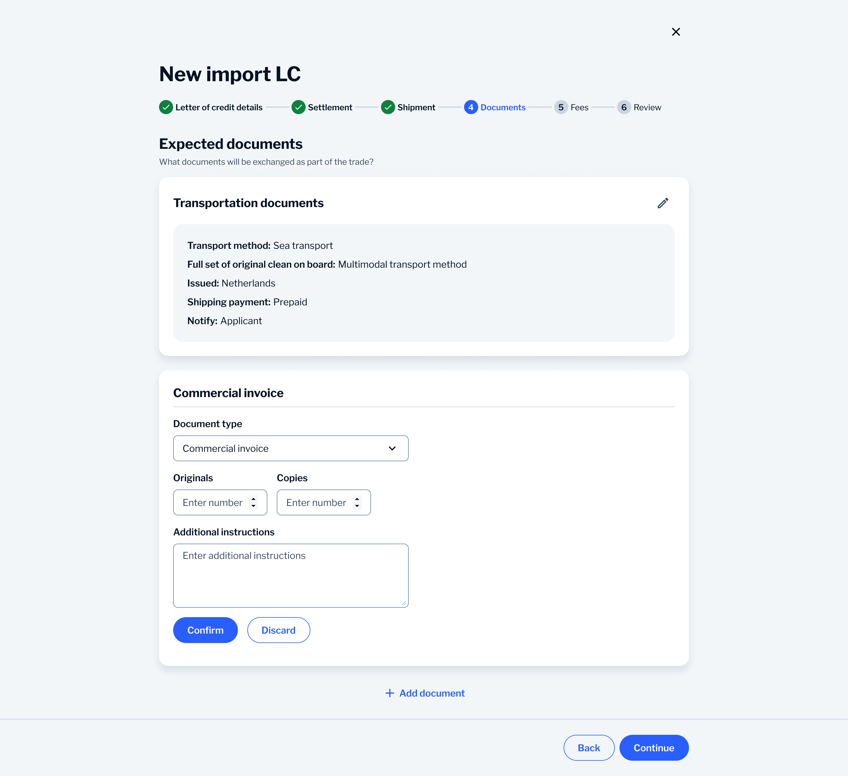 New import Letter of Credit — Documents step: transportation documents summary and commercial invoice form