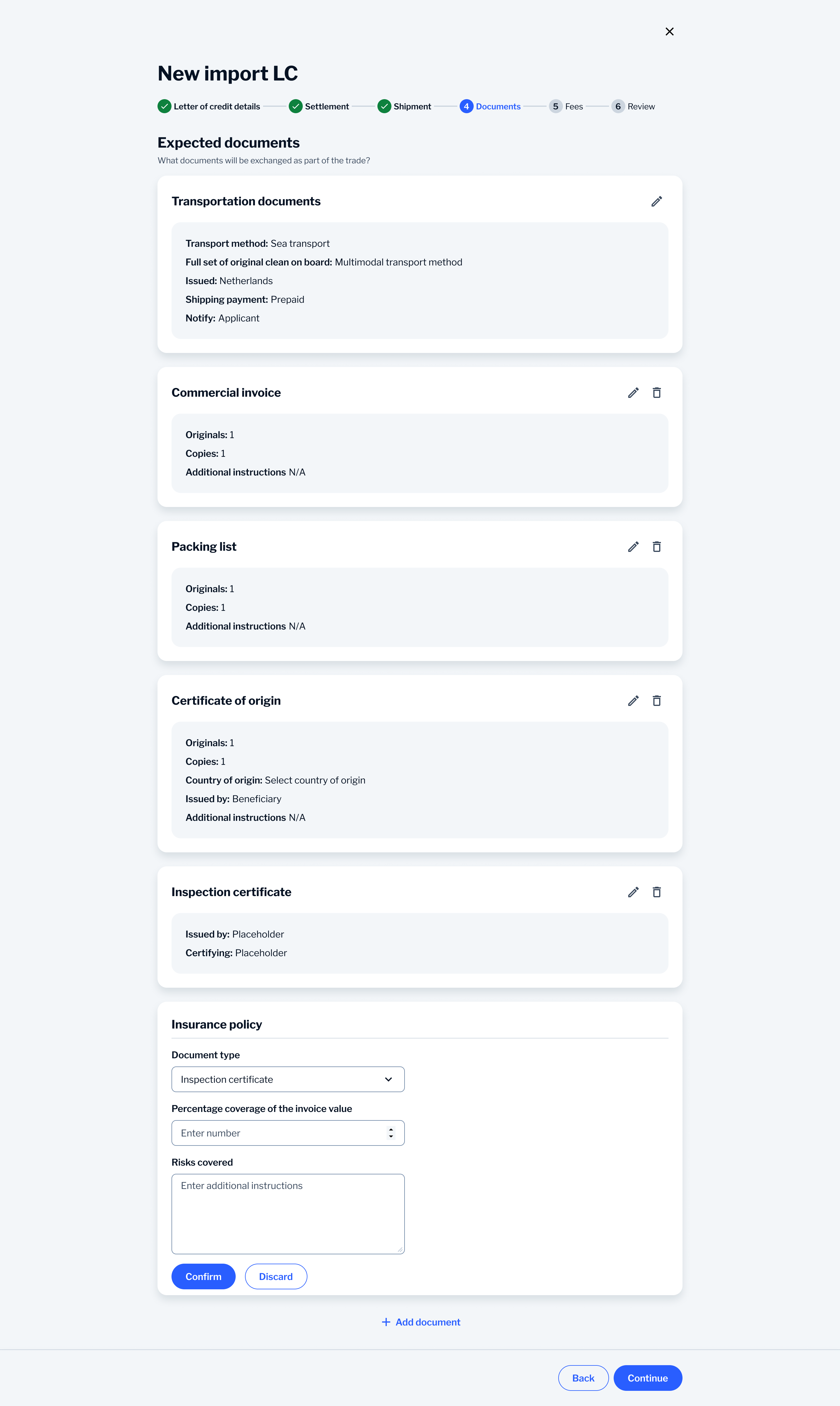 Document list with inspection certificate form expanded