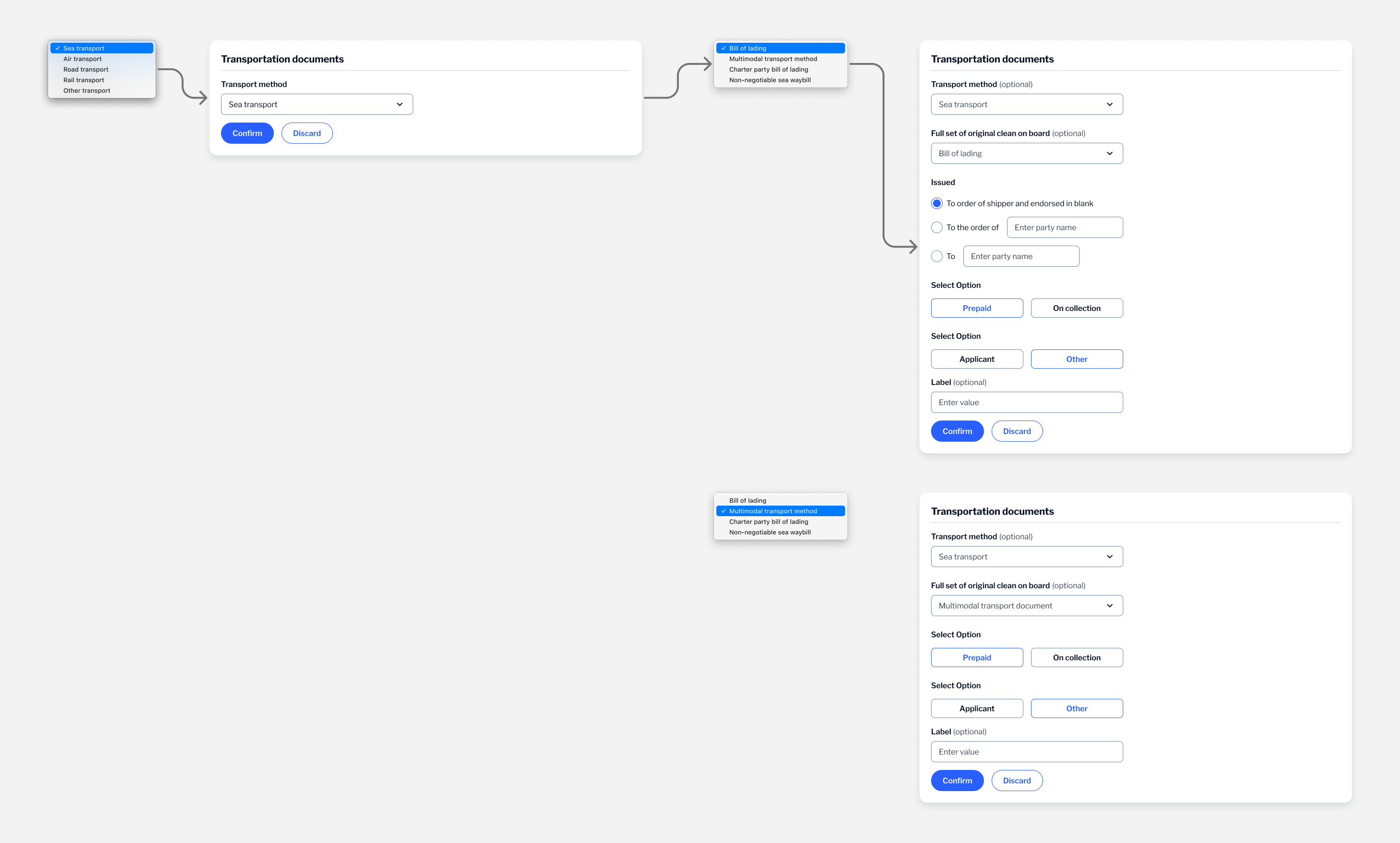 Wireframe flow for transportation documents: sea transport and bill of lading versus multimodal document, showing how selections change the form