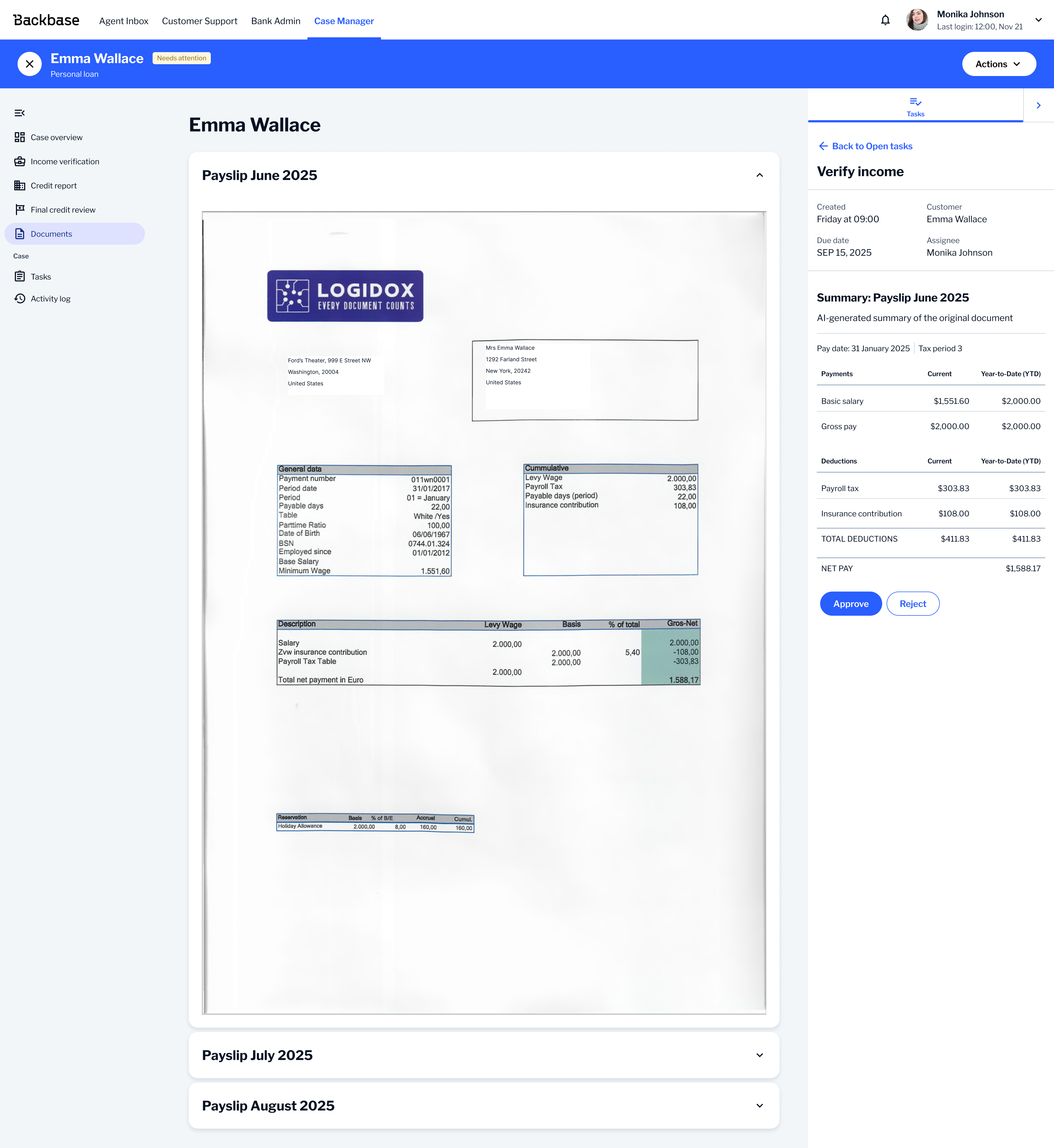 Backbase Case Manager — Verify income task with AI-generated payslip summary showing payments, deductions and net pay alongside the source document