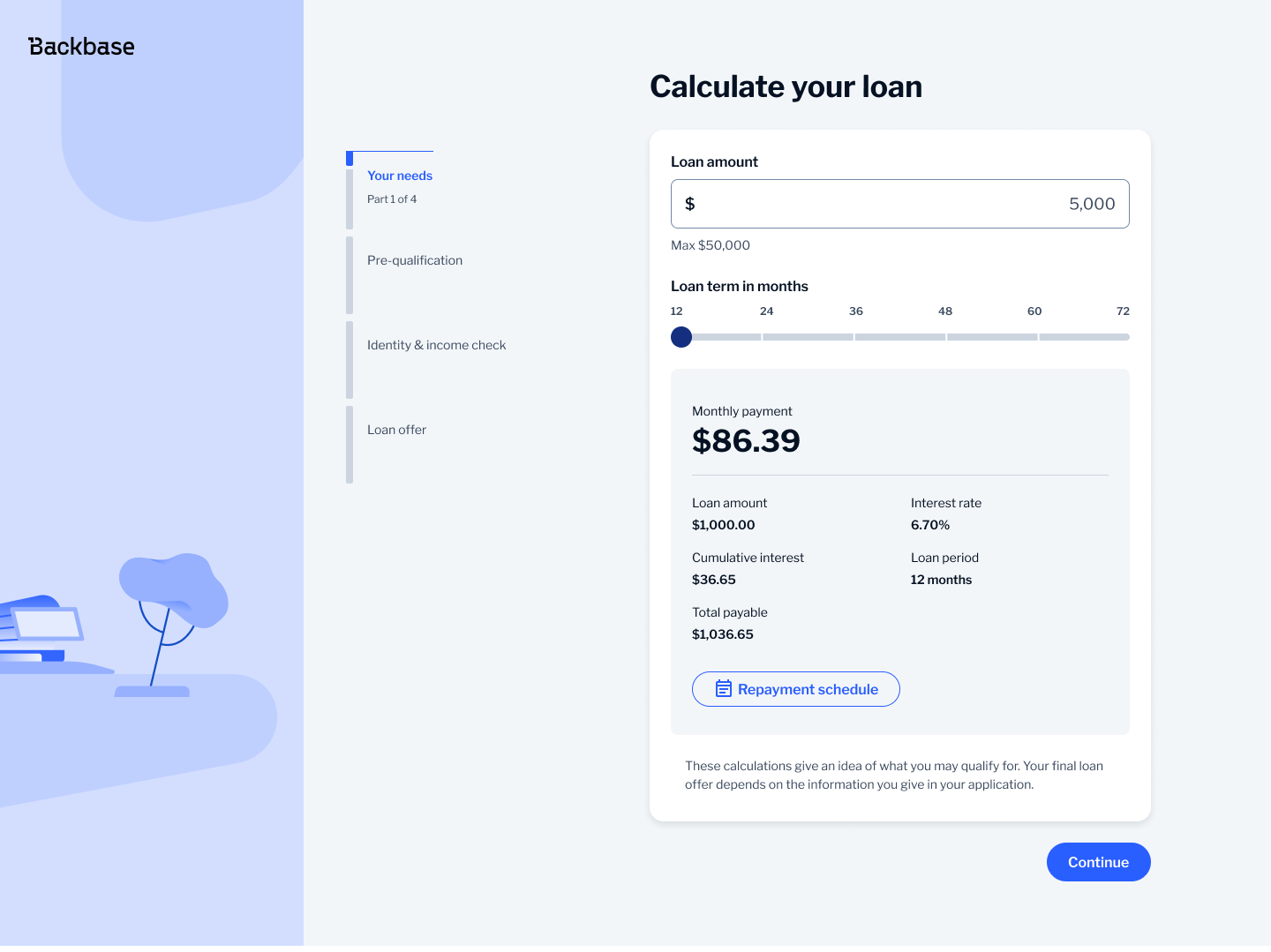 Loan calculator — before: slider-based term selection