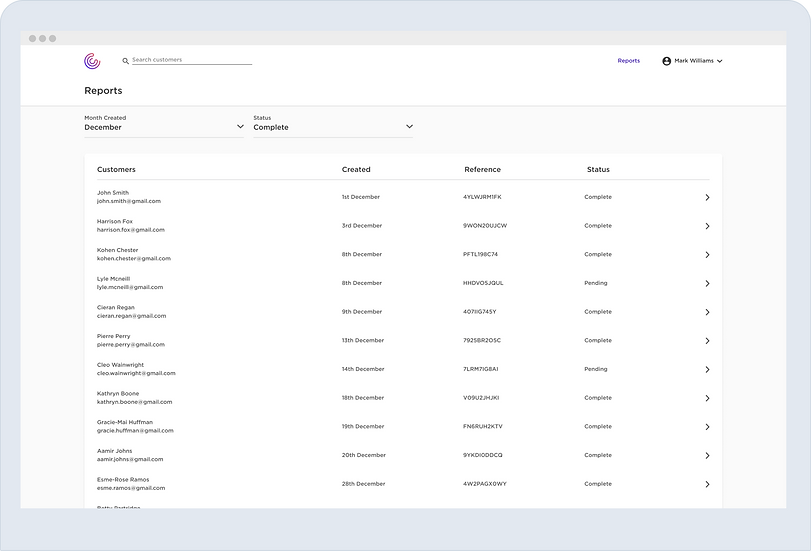 Reports — UI: list of pending and completed review requests with search