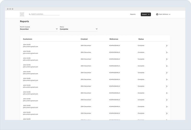 Wireframe: Reports — queue of cases