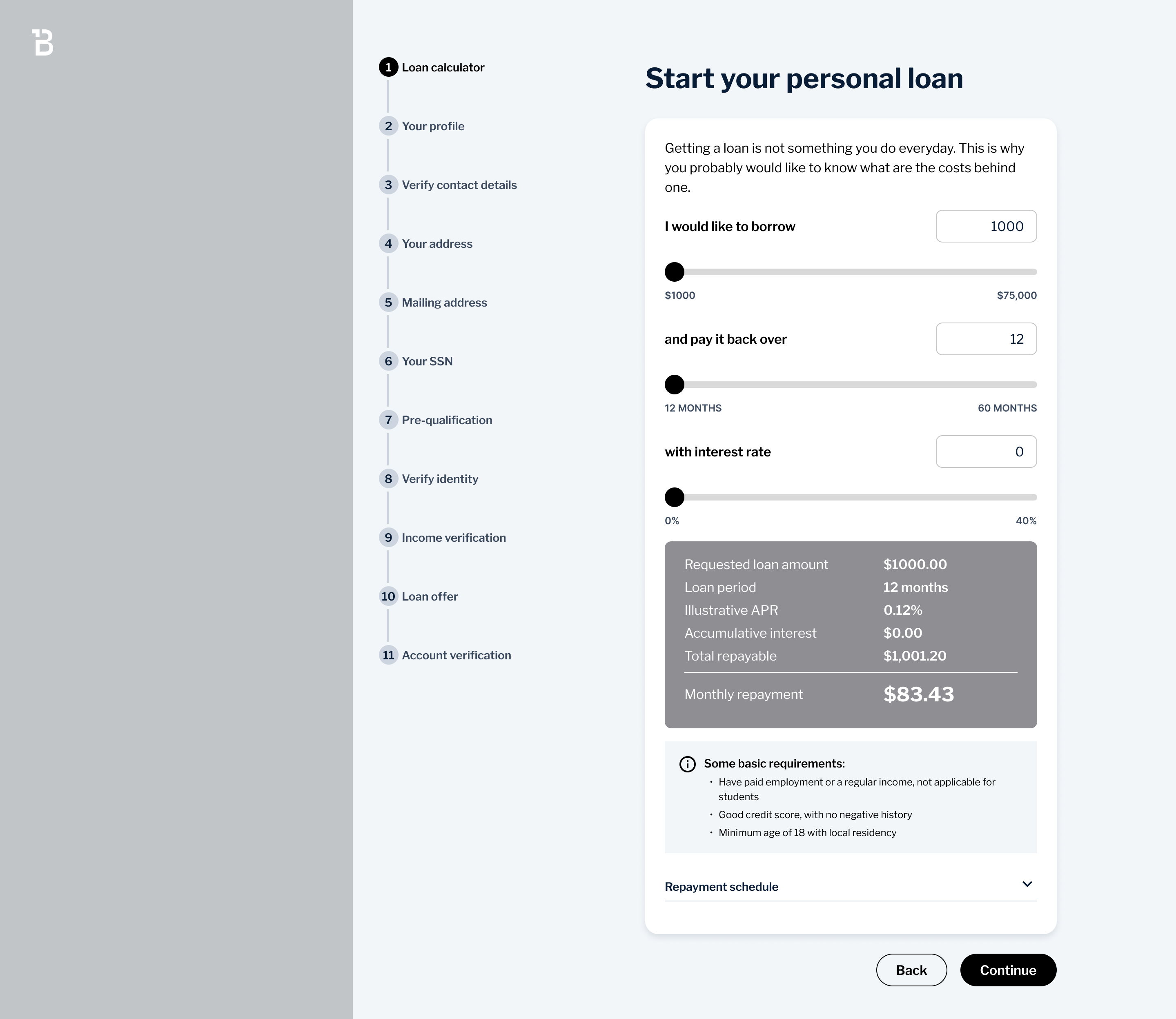 Personal loan wireframe — loan calculator step