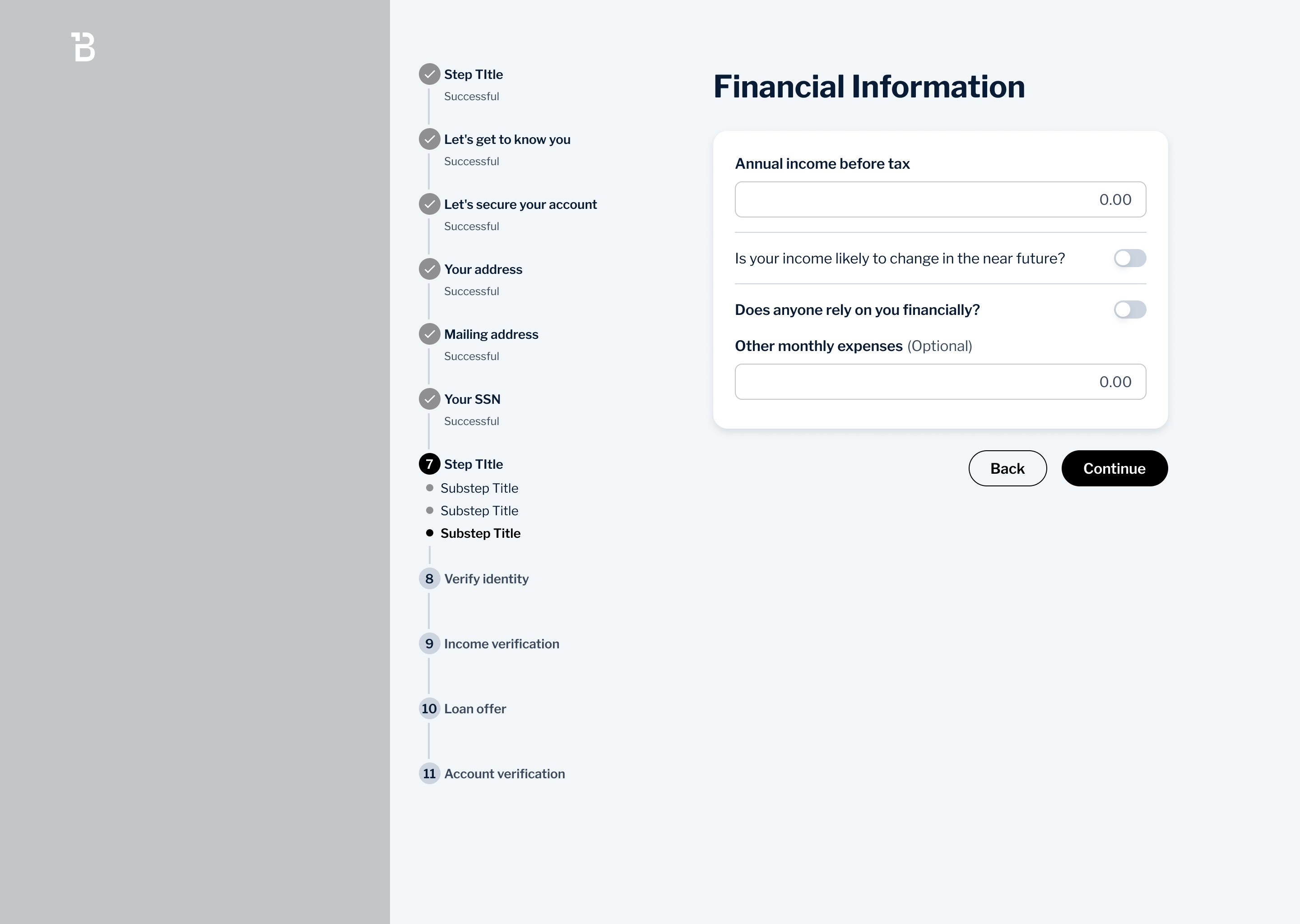 Personal loan wireframe — pre-qualification questionnaire step