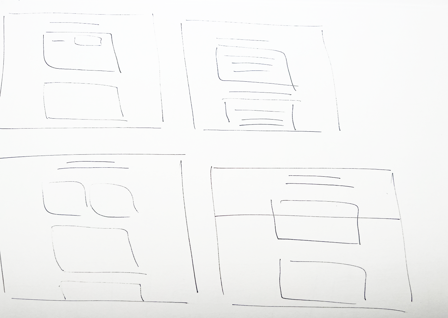 Hand-drawn 2x2 grid — four desktop layout explorations with headers, cards and split blocks