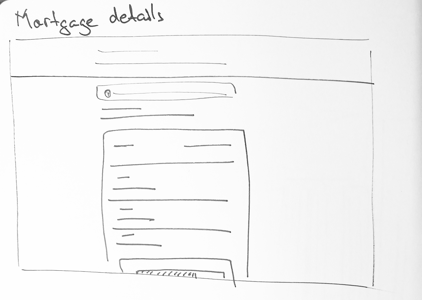 Hand-drawn Mortgage details wireframe — title, info strip, central card with rows and footer action