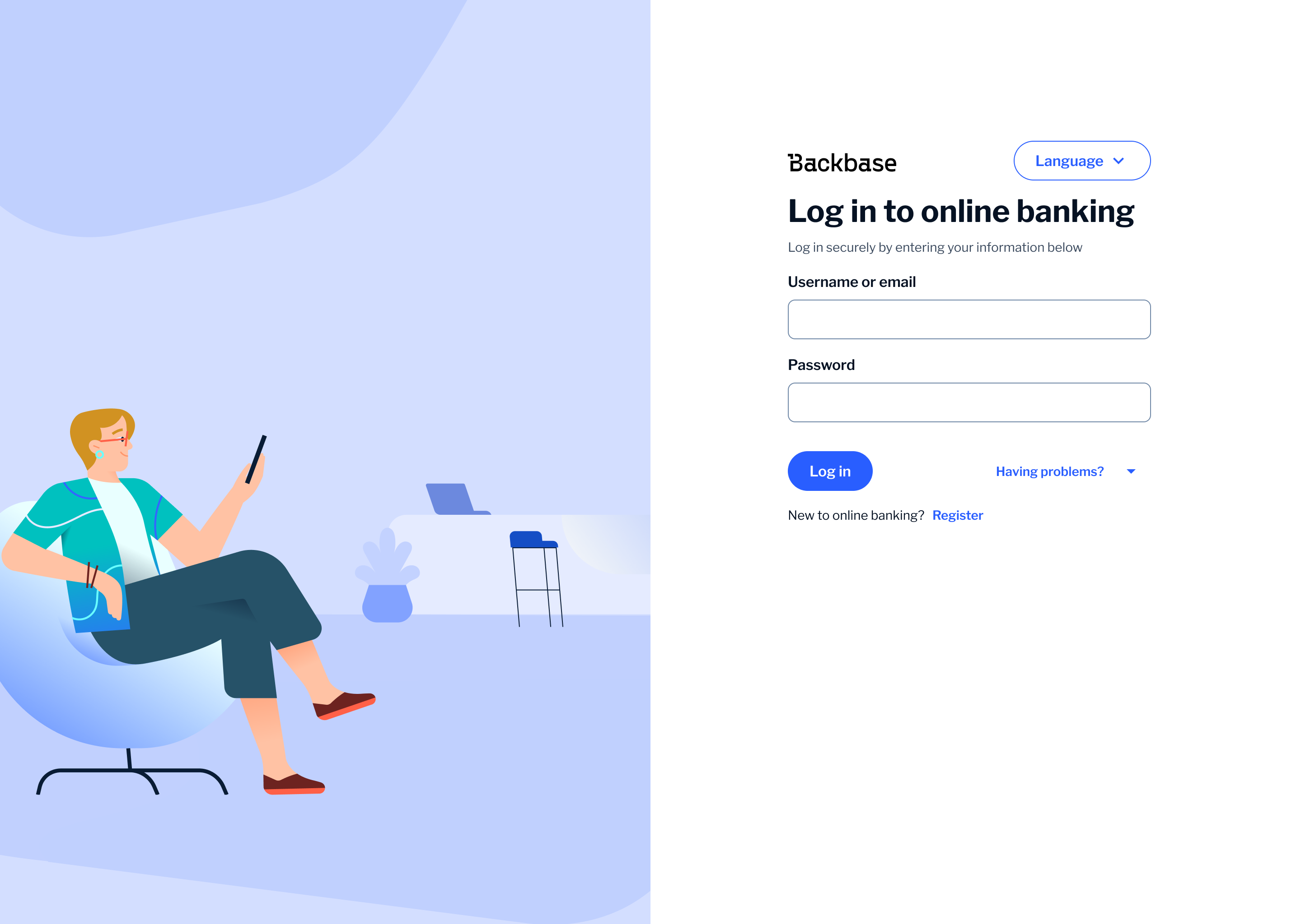 Online banking login — illustration and split layout with username, password, log in and register