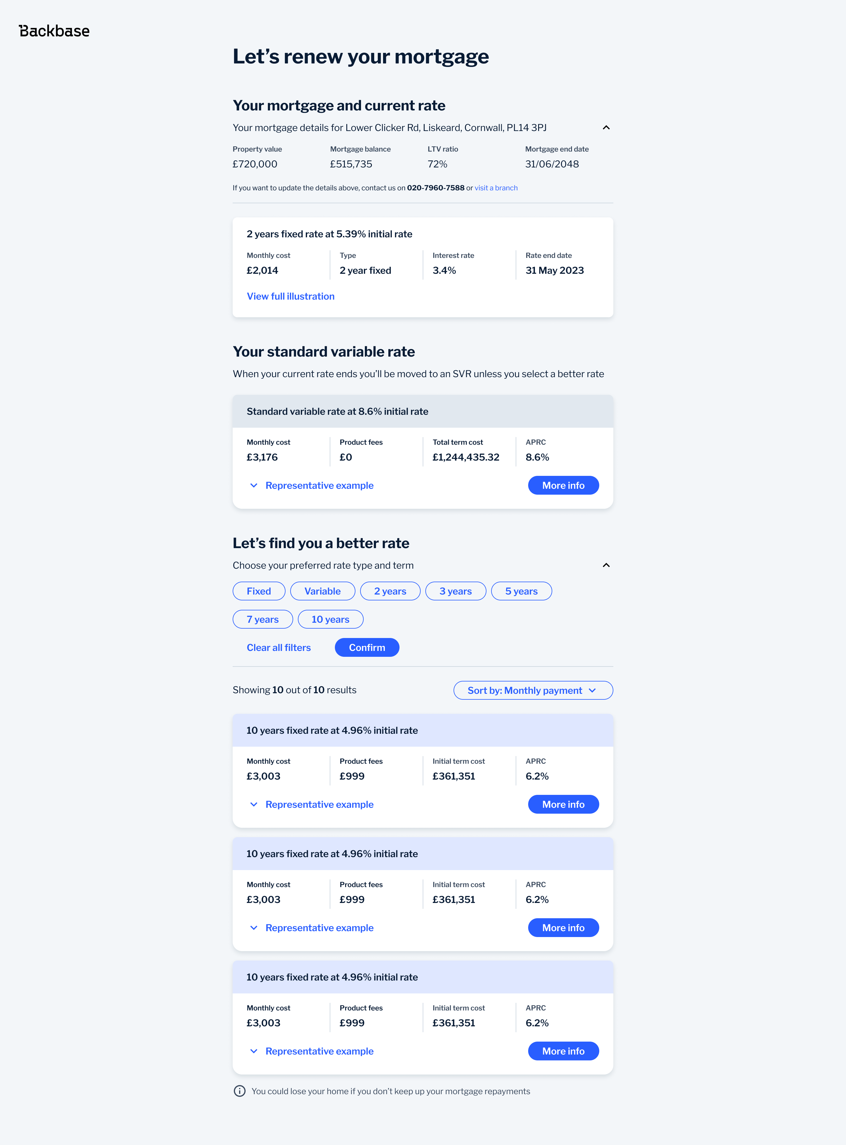 Mortgage renewal — current rate and SVR context, filters and rate comparison results