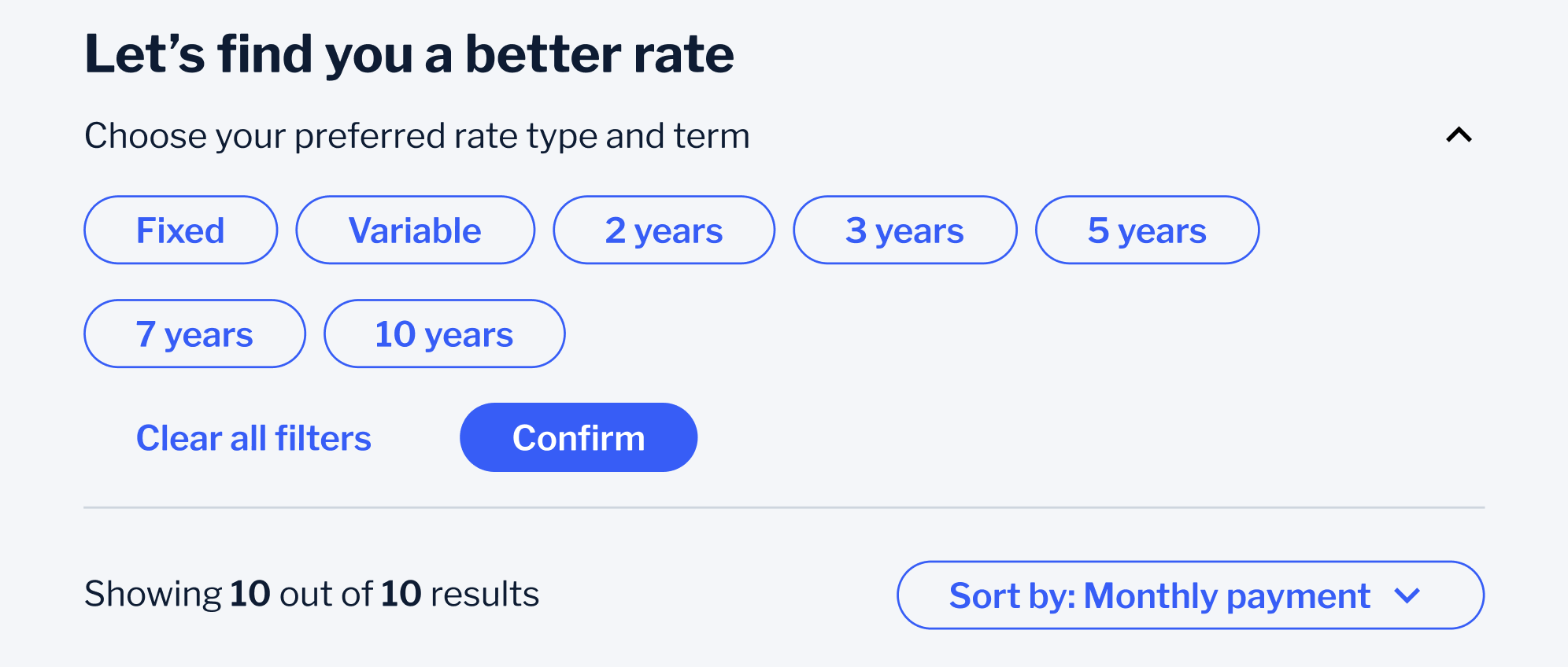 Rate filters and sorting — Let's find you a better rate: chips for type and term, Clear all and Confirm, results count and Sort by monthly payment