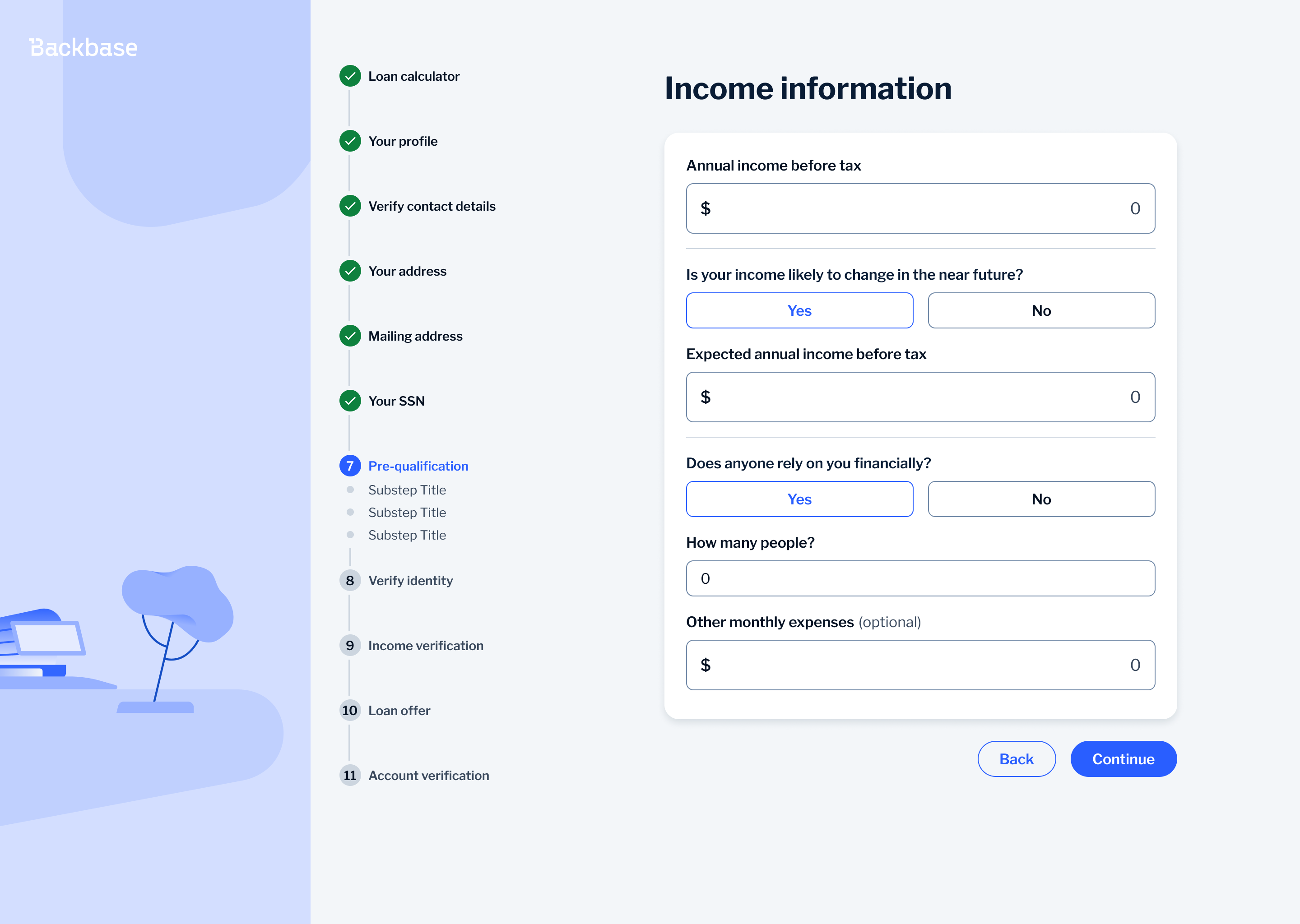 Income information — after: visible Yes/No button selections
