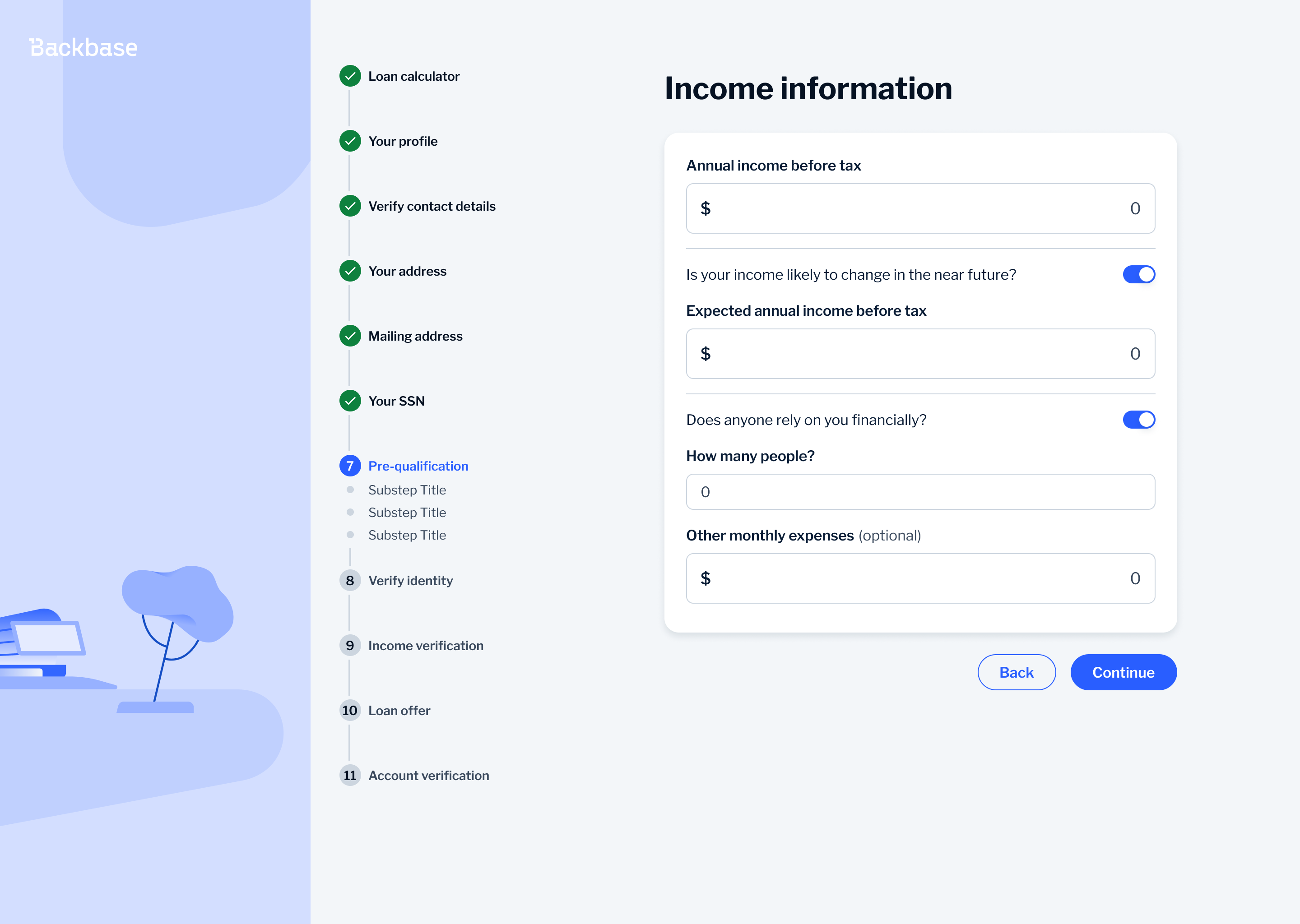 Income information — before: compact toggles for yes/no questions