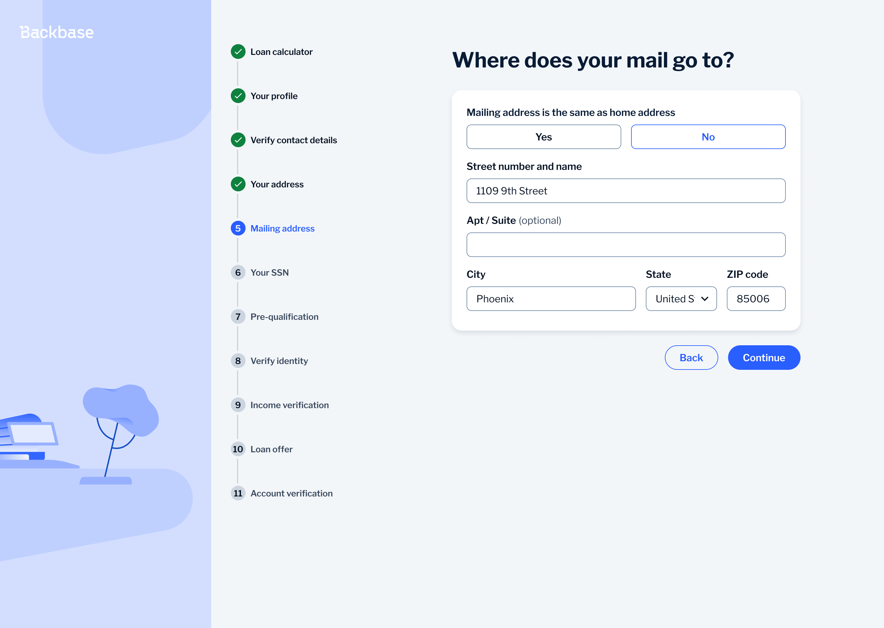 Mailing address — after: Yes/No button select with progressive disclosure