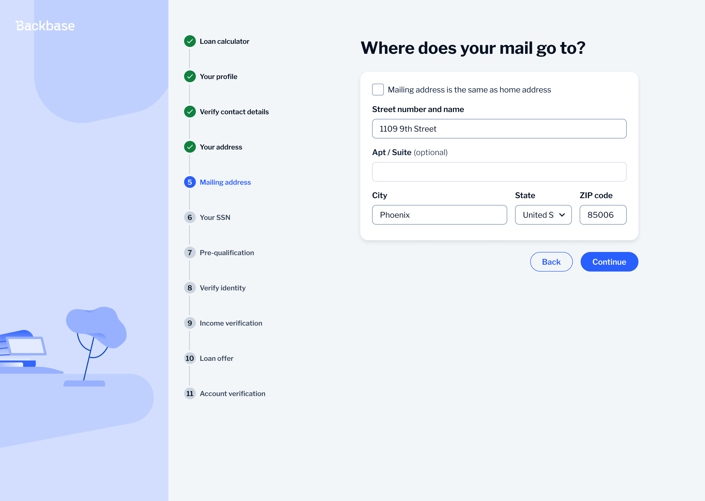 Mailing address — before: checkbox for same-as-home confirmation