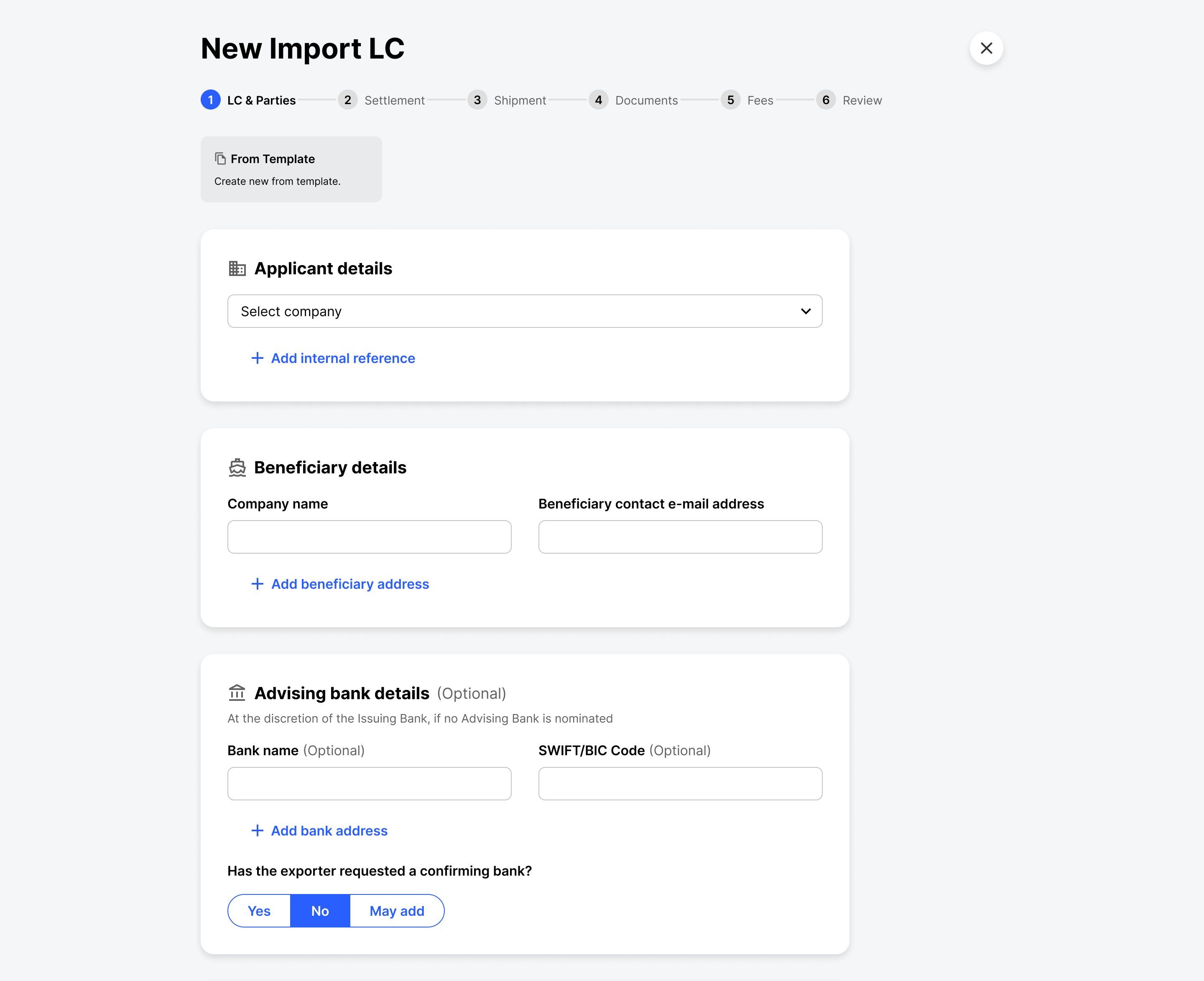 Trade finance — full-width button select for confirming bank choice