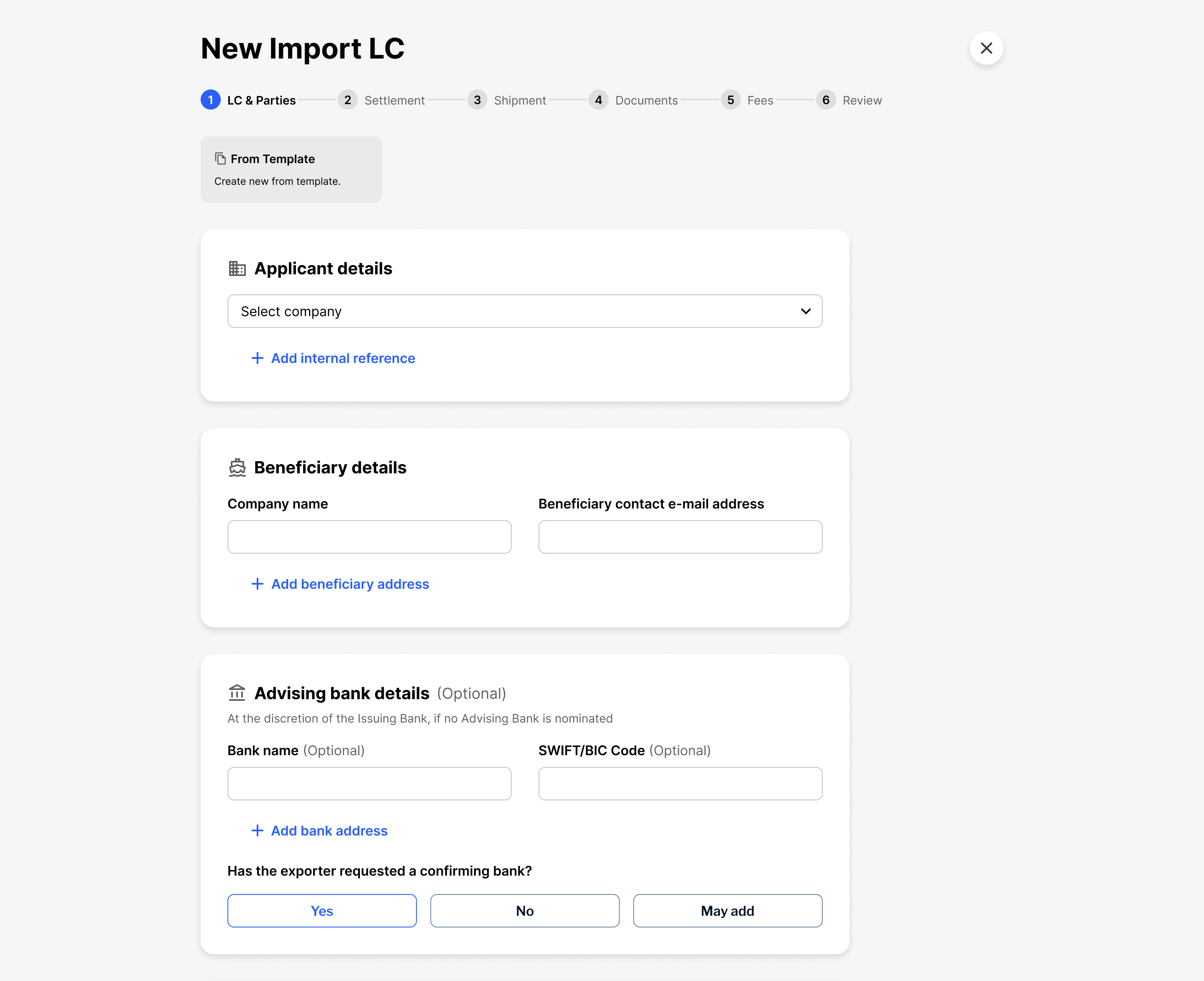 Trade finance — segmented button select for confirming bank choice