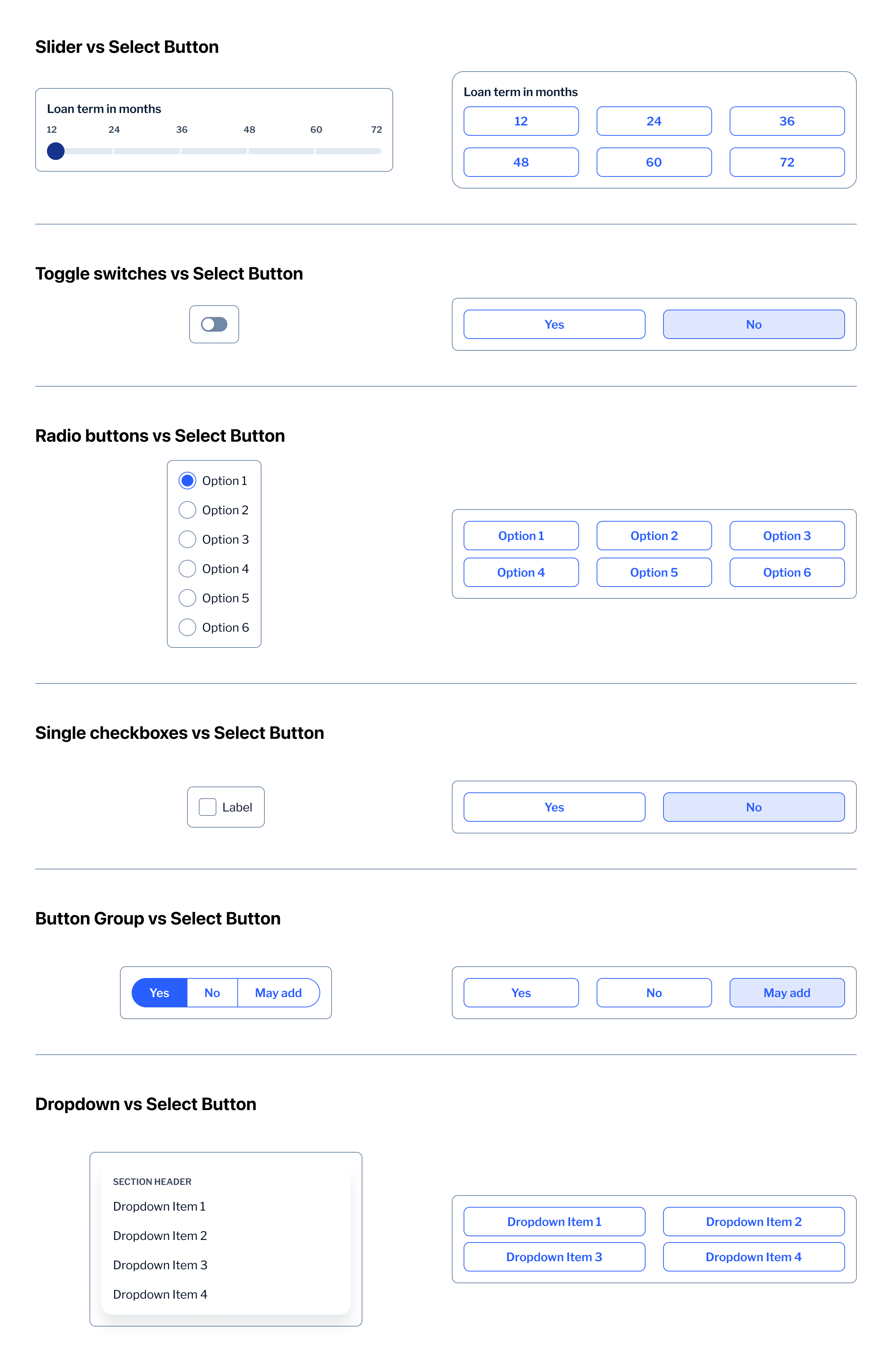 UI comparison — slider, toggle, radio, checkbox, button group and dropdown versus Select Button alternatives