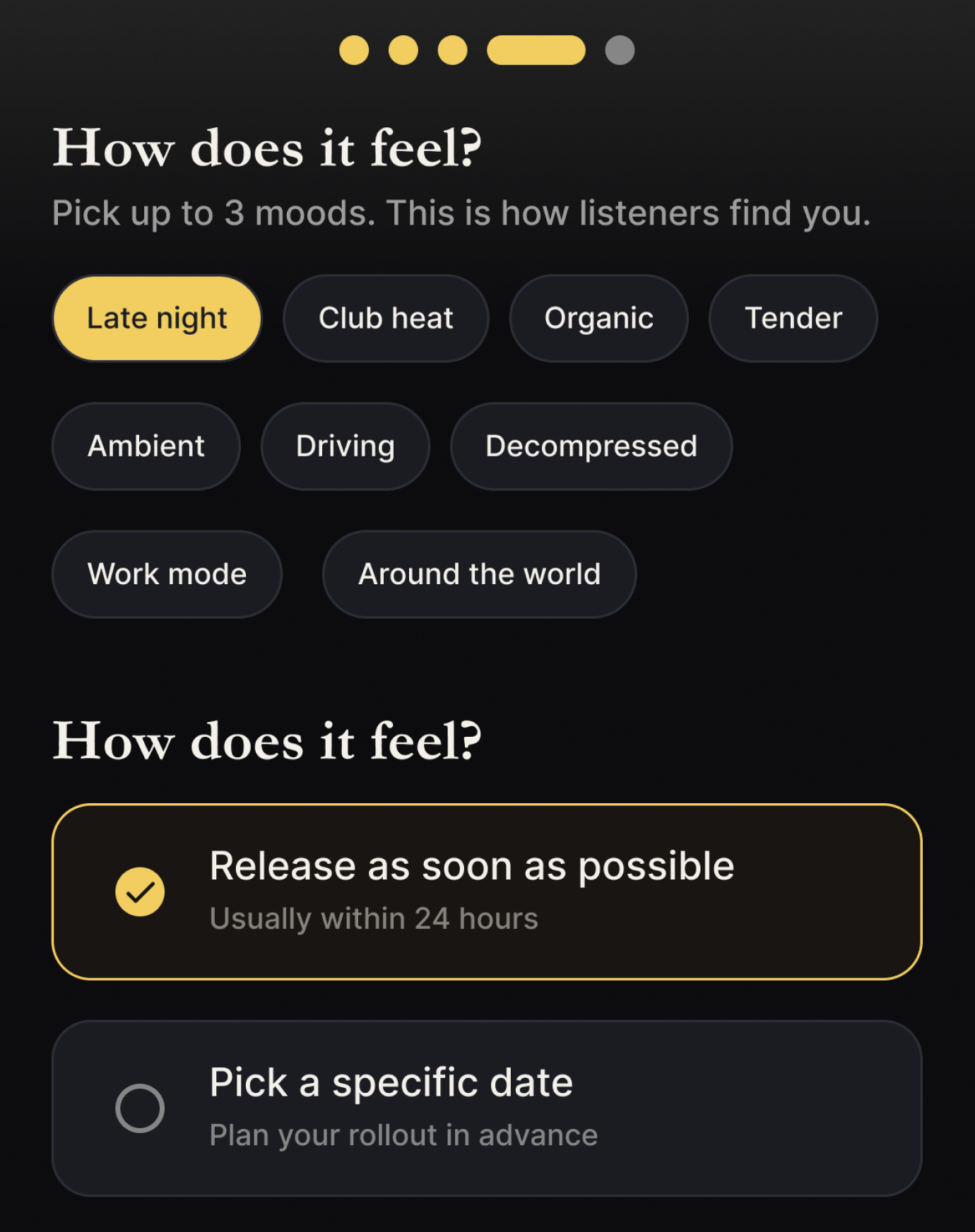 Artist upload flow — mood tags (Late night selected), step progress, and release timing: as soon as possible or pick a date