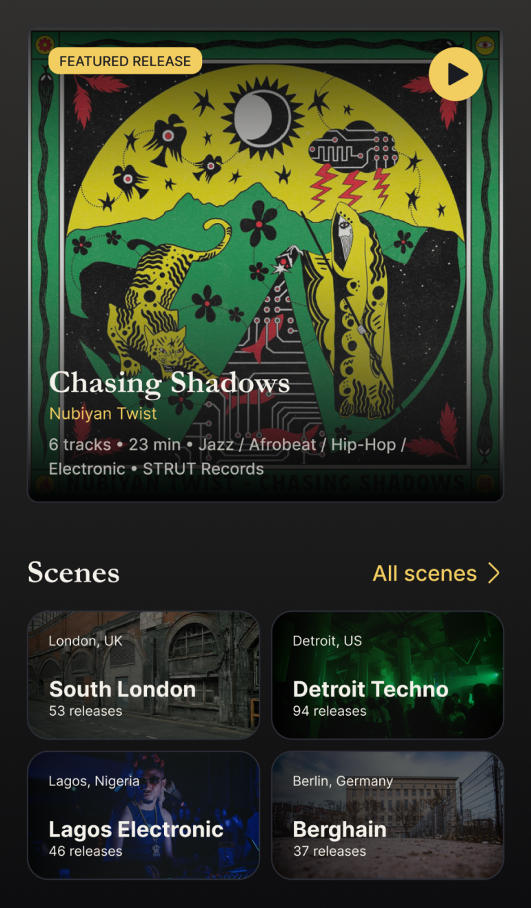 Featured release — Chasing Shadows by Nubiyan Twist — and Scenes grid: South London, Detroit Techno, Lagos Electronic, Berghain
