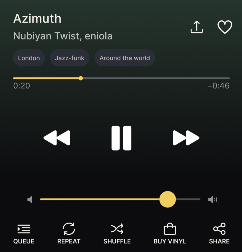 Music player — Azimuth by Nubiyan Twist — progress, transport controls, volume, genre tags, queue, repeat, shuffle, buy vinyl and share