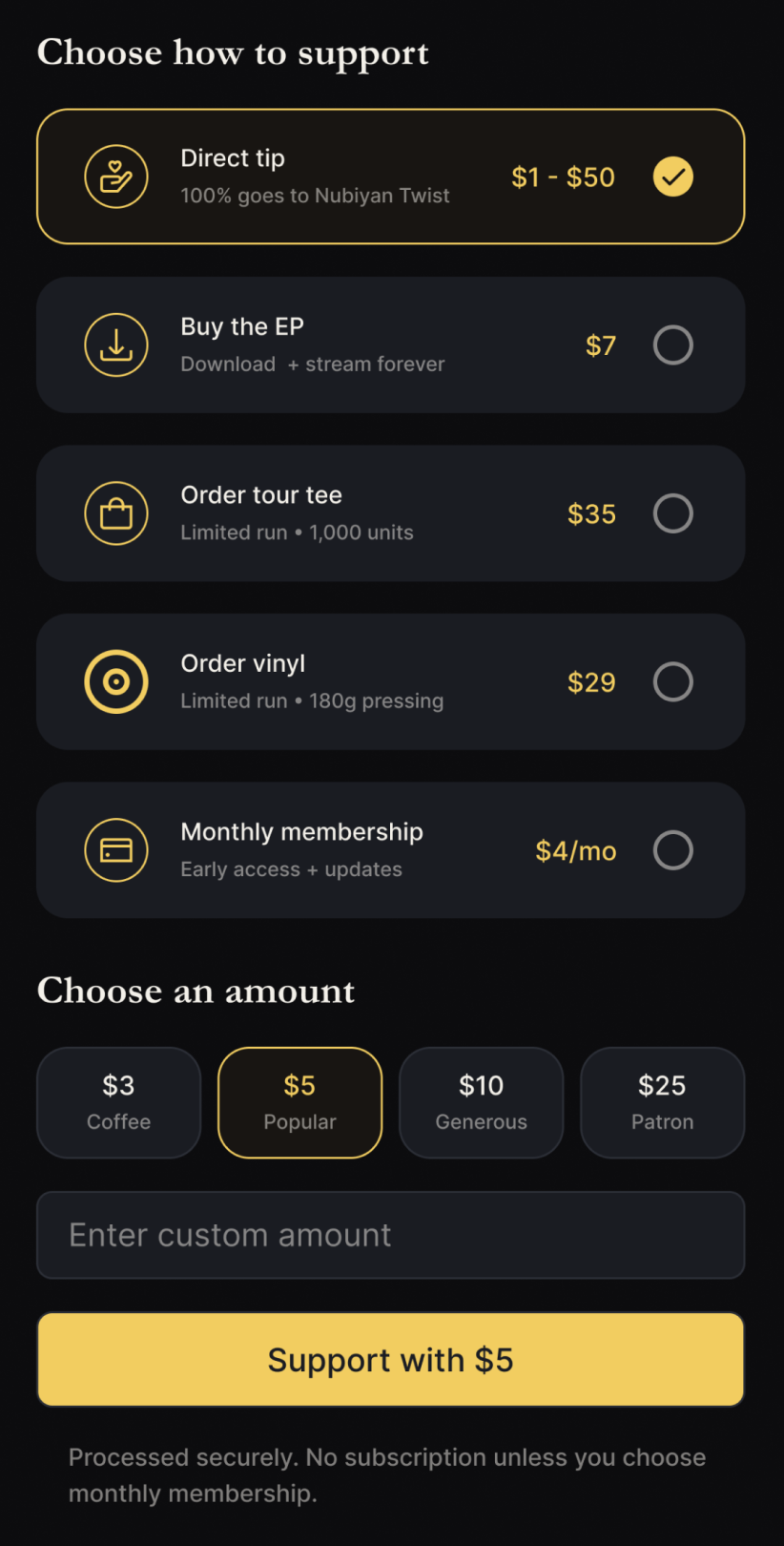 Choose how to support — direct tip, buy EP, tour tee, vinyl, or monthly membership — with amount presets and Support CTA