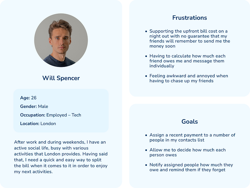 User persona for a Barclays mobile banking customer who splits bills socially